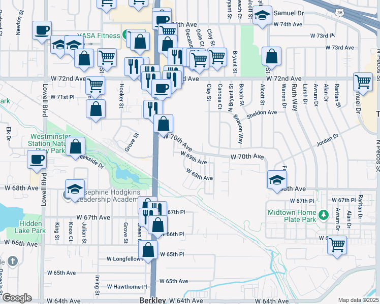 map of restaurants, bars, coffee shops, grocery stores, and more near 6877 Decatur Street in Denver