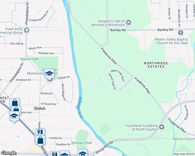 map of restaurants, bars, coffee shops, grocery stores, and more near 5330 Rivers Edge Boulevard in Dayton