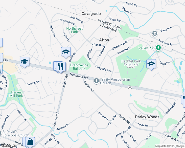 map of restaurants, bars, coffee shops, grocery stores, and more near 1511 Naamans Road in Wilmington
