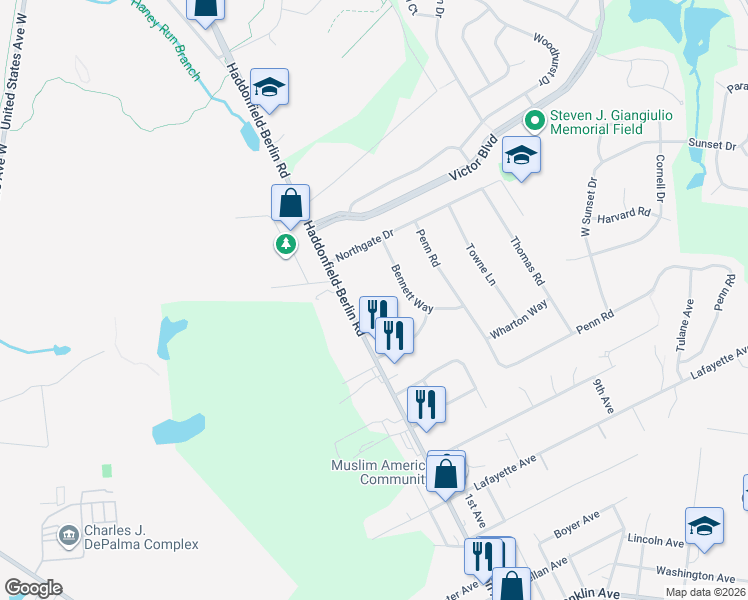 map of restaurants, bars, coffee shops, grocery stores, and more near 1223 Haddonfield-Berlin Road in Cherry Hill