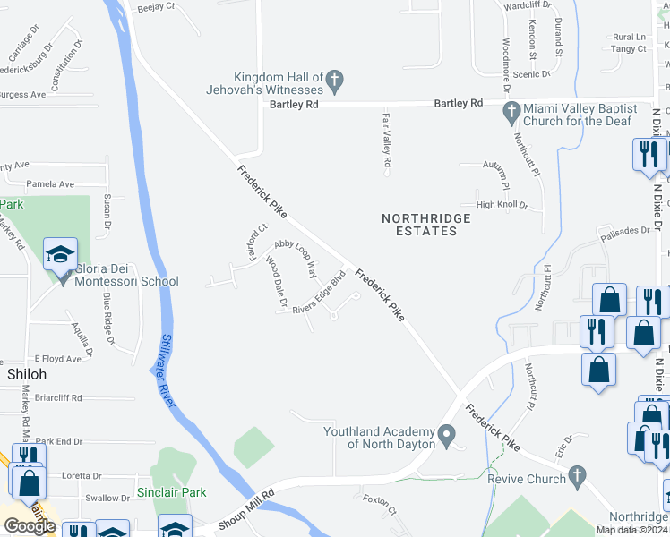 map of restaurants, bars, coffee shops, grocery stores, and more near 5111 Rivers Edge Boulevard in Dayton