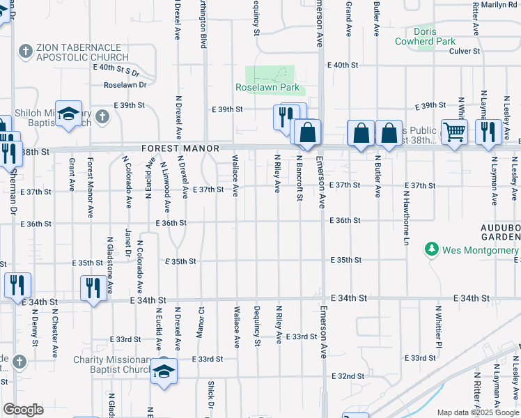 map of restaurants, bars, coffee shops, grocery stores, and more near 3570 Dequincy Street in Indianapolis