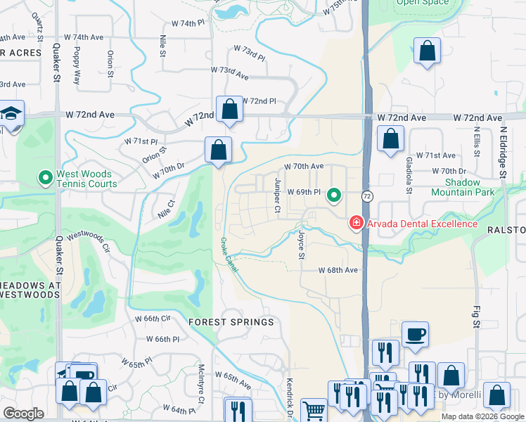 map of restaurants, bars, coffee shops, grocery stores, and more near 15163 West 69th Avenue in Arvada