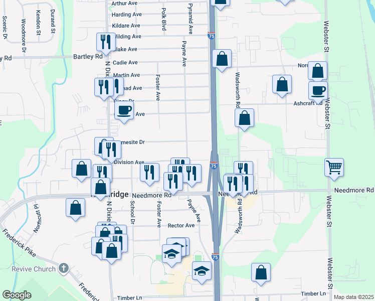 map of restaurants, bars, coffee shops, grocery stores, and more near in Dayton
