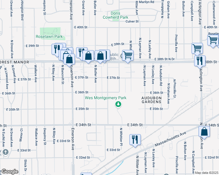 map of restaurants, bars, coffee shops, grocery stores, and more near 3615 North Hawthorne Lane in Indianapolis