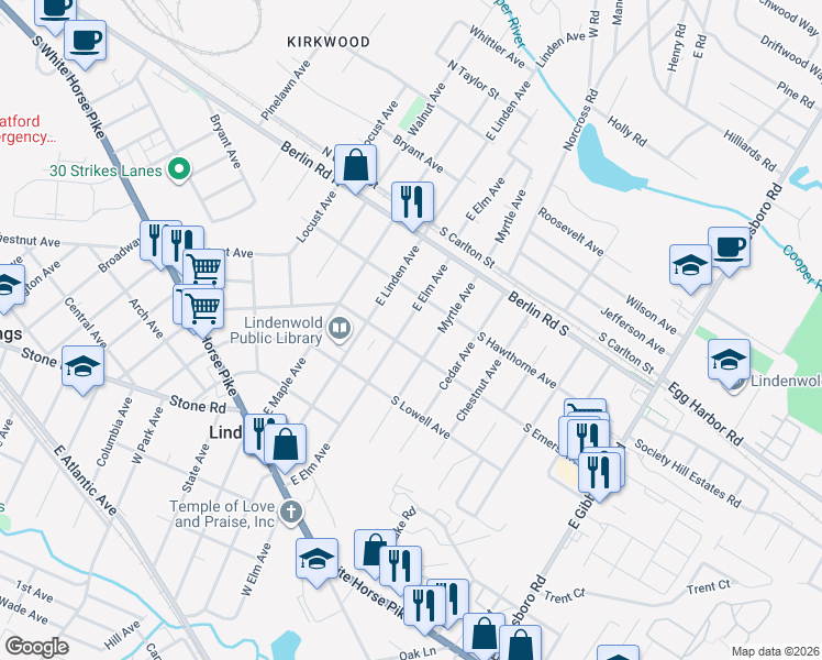 map of restaurants, bars, coffee shops, grocery stores, and more near 411 East Elm Avenue in Lindenwold