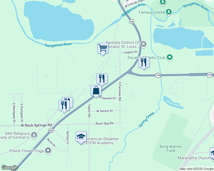 map of restaurants, bars, coffee shops, grocery stores, and more near 1660 South Taylorville Road in Decatur