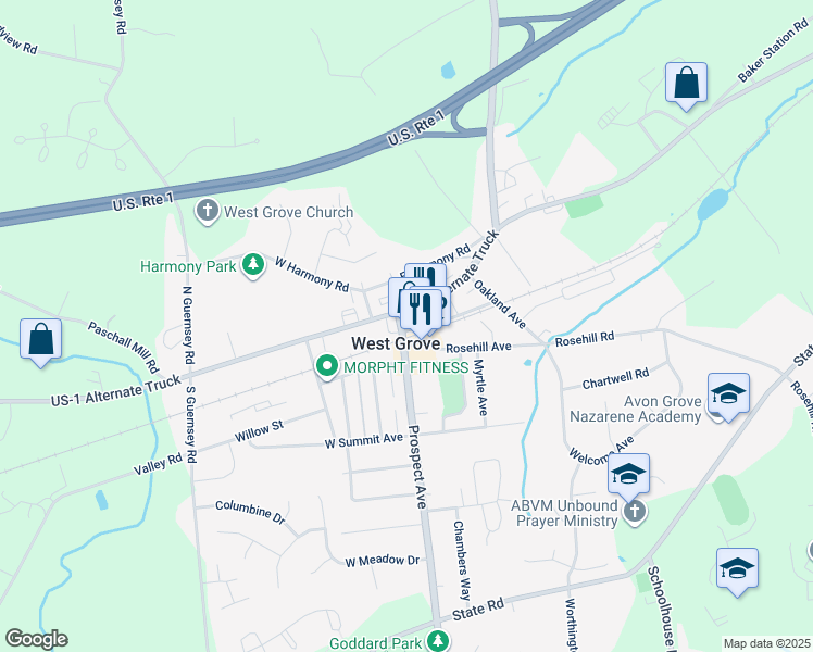 map of restaurants, bars, coffee shops, grocery stores, and more near 5 Prospect Avenue in West Grove