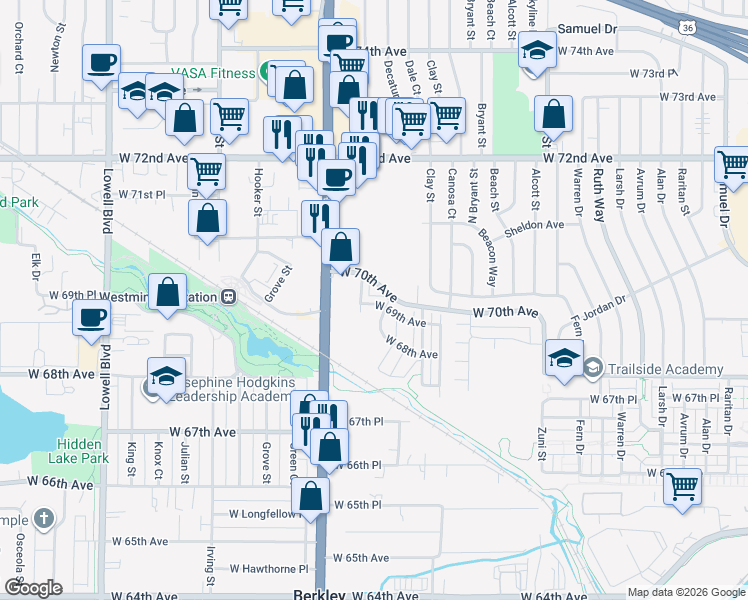 map of restaurants, bars, coffee shops, grocery stores, and more near 6877 Decatur Street in Denver