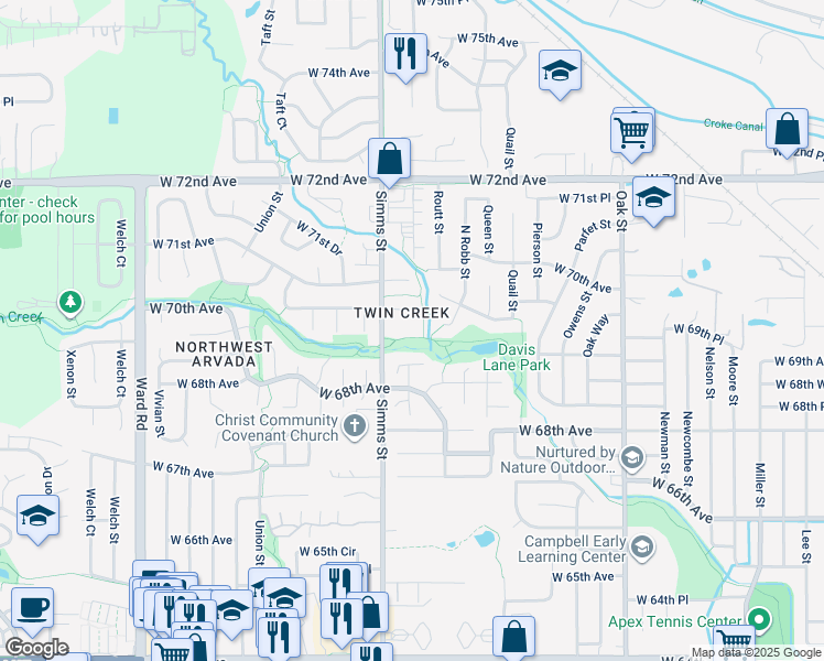 map of restaurants, bars, coffee shops, grocery stores, and more near 11491 West 69th Way in Arvada
