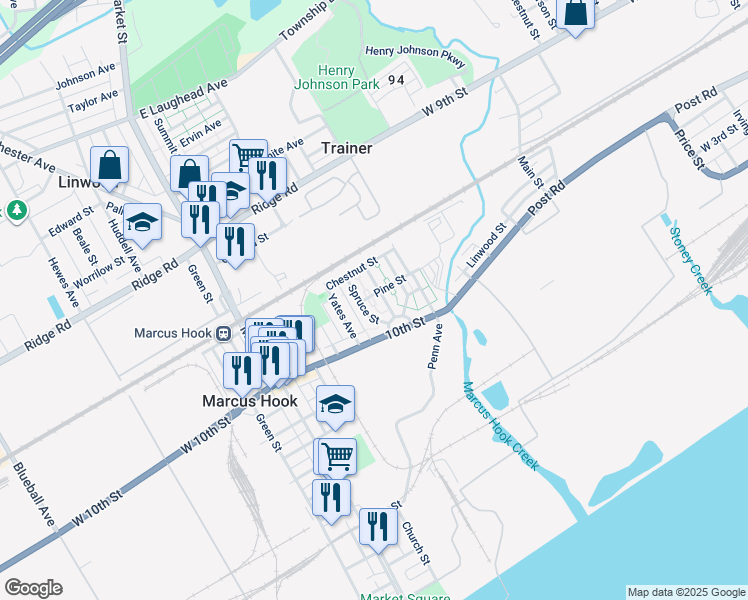 map of restaurants, bars, coffee shops, grocery stores, and more near 7 Plaza Street in Marcus Hook