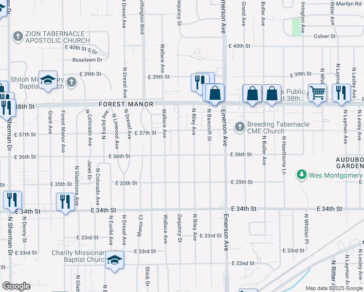 map of restaurants, bars, coffee shops, grocery stores, and more near 3570 Dequincy Street in Indianapolis