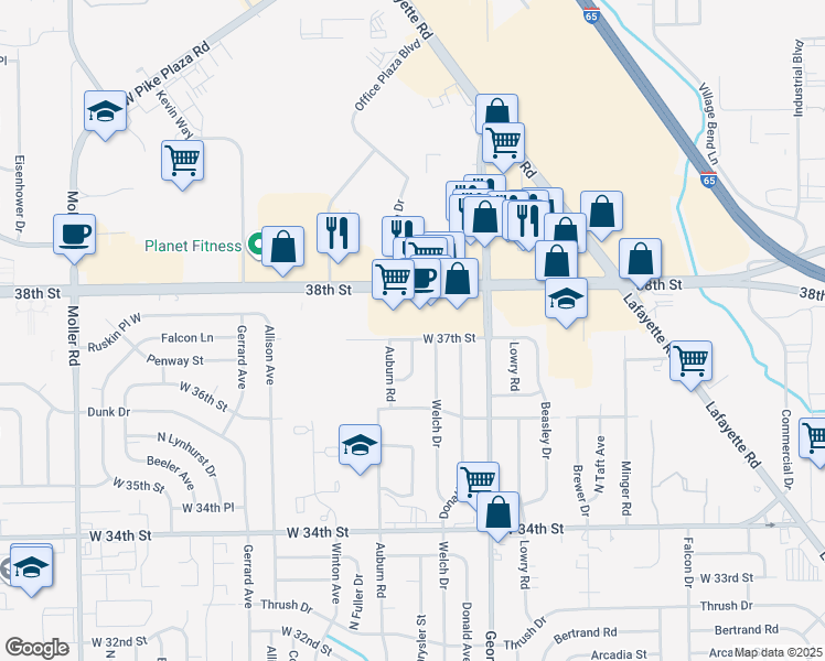 map of restaurants, bars, coffee shops, grocery stores, and more near 3660 Welch Drive in Indianapolis
