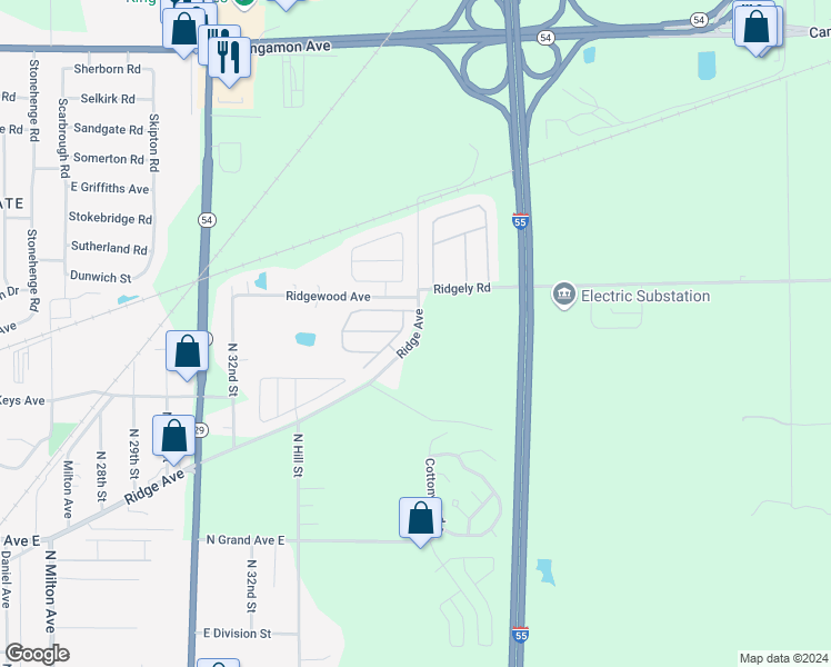 map of restaurants, bars, coffee shops, grocery stores, and more near 3400 Ridgely Road in Springfield