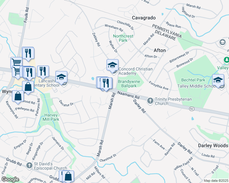map of restaurants, bars, coffee shops, grocery stores, and more near in New Castle County