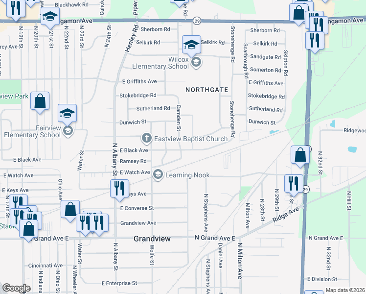 map of restaurants, bars, coffee shops, grocery stores, and more near 1800 Camden Street in Springfield