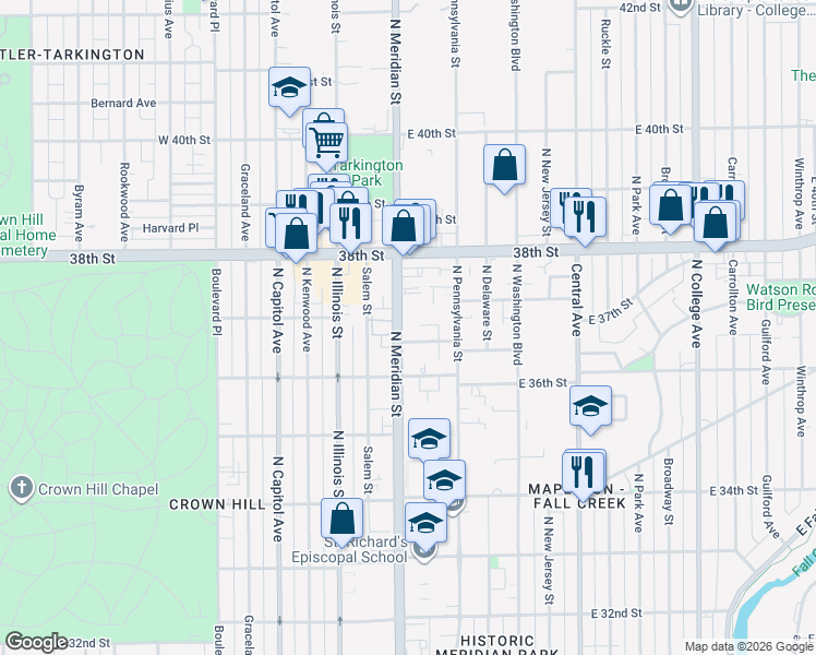 map of restaurants, bars, coffee shops, grocery stores, and more near 3715 North Meridian Street in Indianapolis