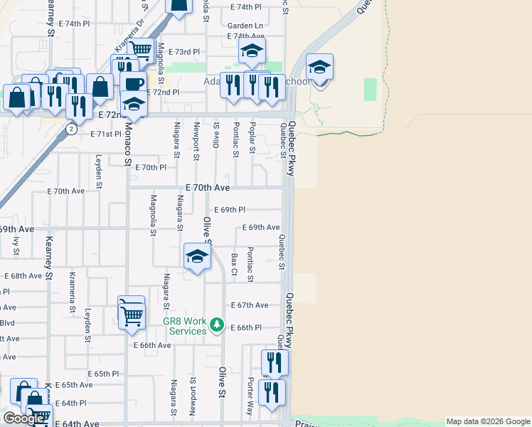 map of restaurants, bars, coffee shops, grocery stores, and more near 7220 East 69th Place in Commerce City