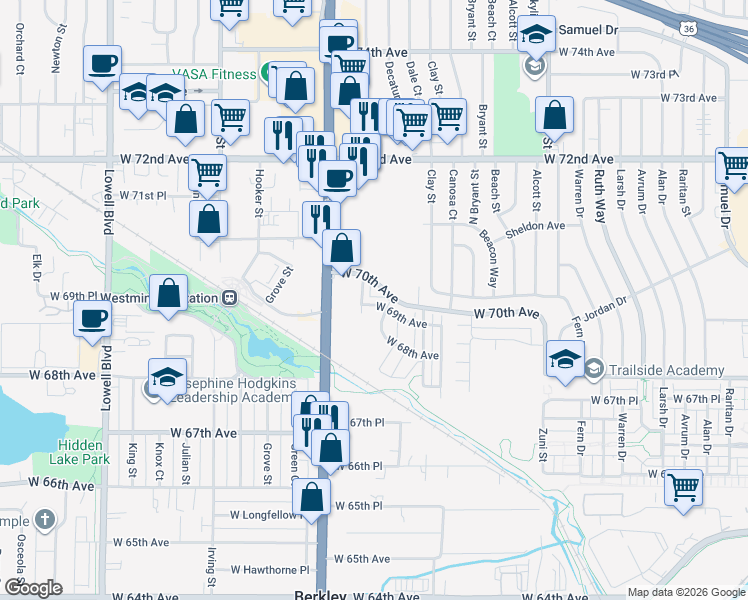 map of restaurants, bars, coffee shops, grocery stores, and more near 6877 Decatur Street in Denver