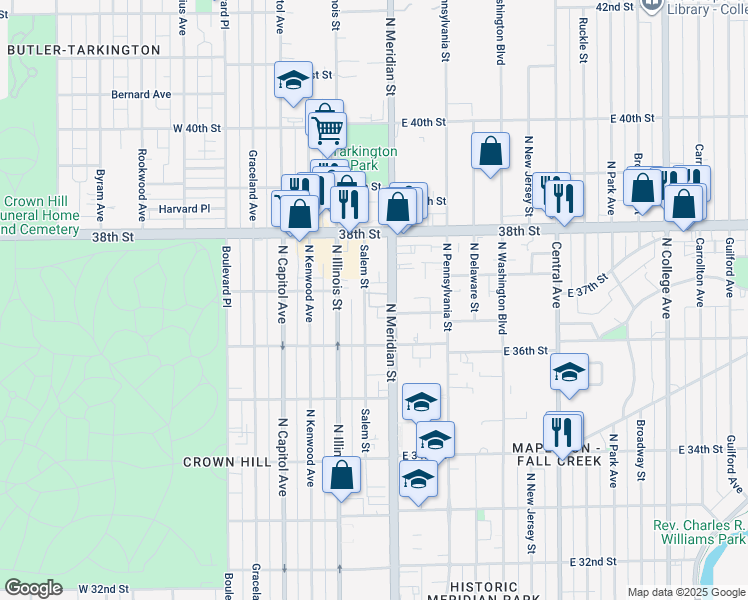 map of restaurants, bars, coffee shops, grocery stores, and more near 3710 North Meridian Street in Indianapolis