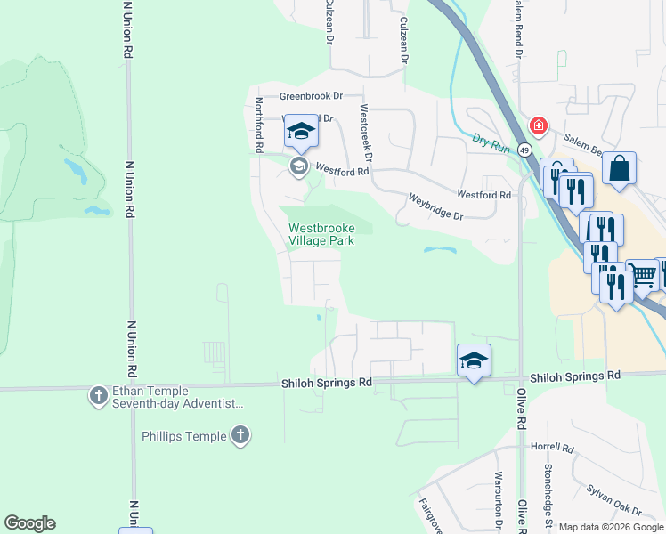 map of restaurants, bars, coffee shops, grocery stores, and more near 6435 Westbay Court in Trotwood