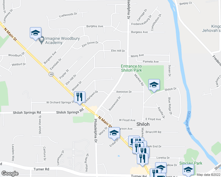 map of restaurants, bars, coffee shops, grocery stores, and more near 5699 Philadelphia Drive in Dayton