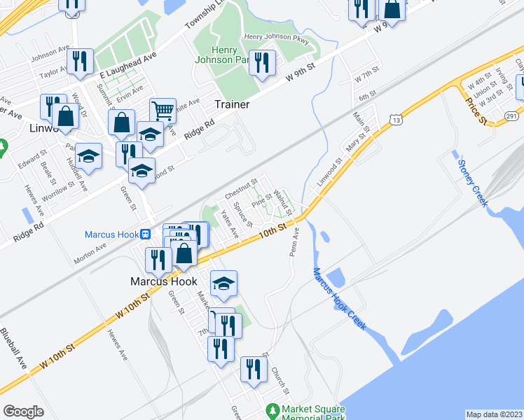 map of restaurants, bars, coffee shops, grocery stores, and more near 10 Maple Street in Marcus Hook