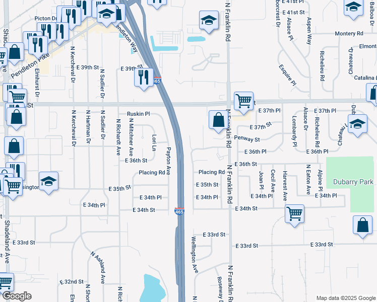 map of restaurants, bars, coffee shops, grocery stores, and more near 3602 Wellington Avenue in Indianapolis
