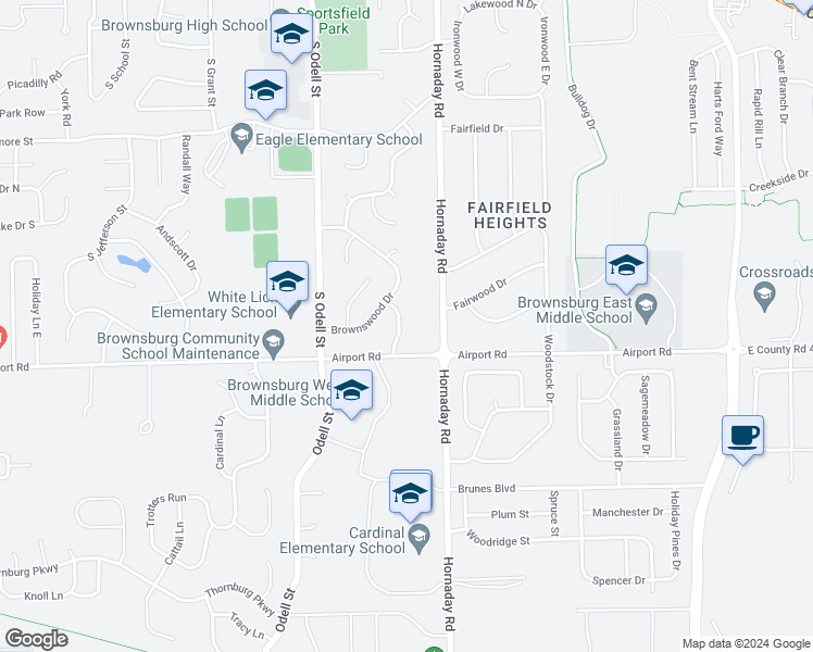 map of restaurants, bars, coffee shops, grocery stores, and more near 1413 Beechwood Drive in Brownsburg