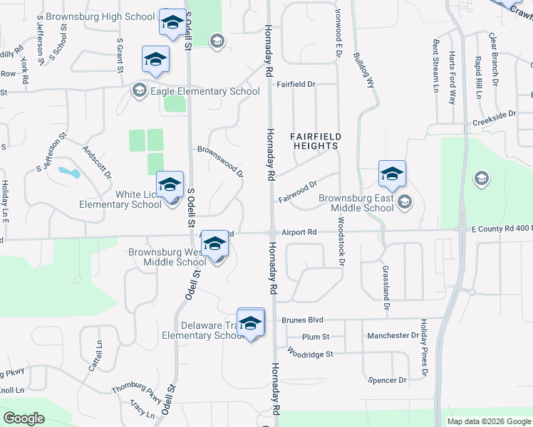 map of restaurants, bars, coffee shops, grocery stores, and more near 1435 Hornaday Road in Brownsburg
