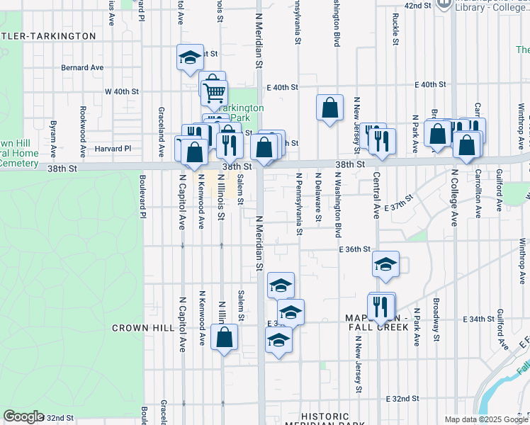 map of restaurants, bars, coffee shops, grocery stores, and more near 3715 North Meridian Street in Indianapolis