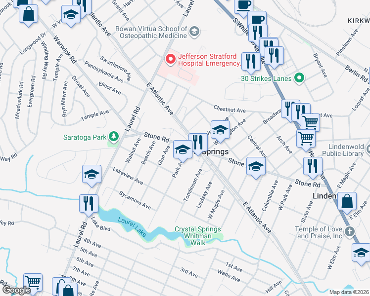 map of restaurants, bars, coffee shops, grocery stores, and more near 424 Park Avenue in Laurel Springs