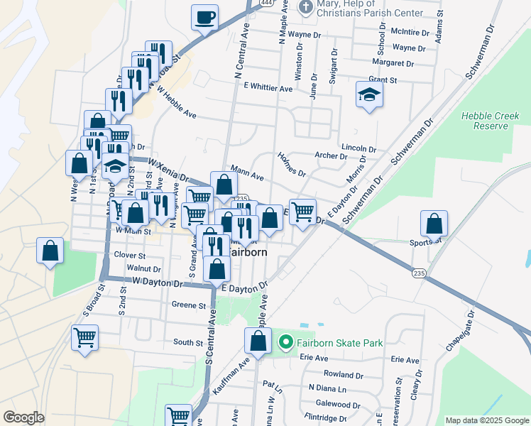 map of restaurants, bars, coffee shops, grocery stores, and more near 24 North Maple Avenue in Fairborn