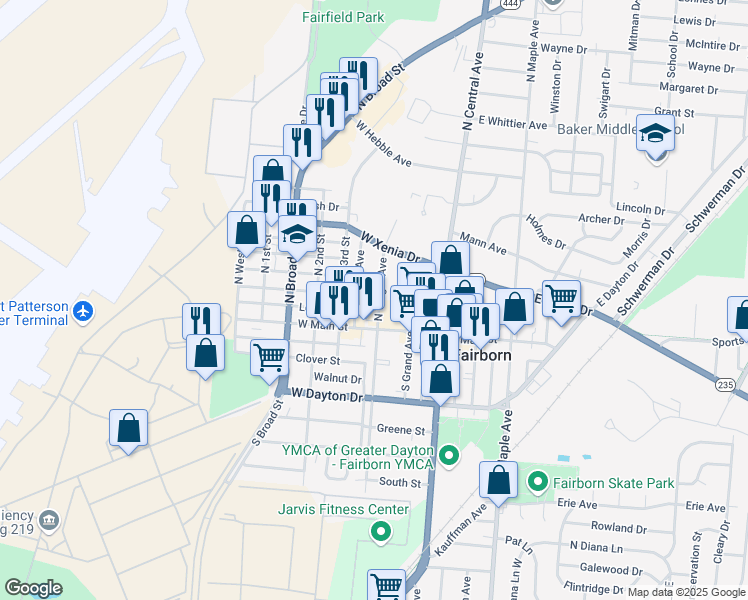 map of restaurants, bars, coffee shops, grocery stores, and more near 205 West Main Street in Fairborn