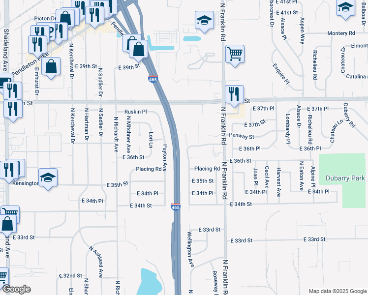 map of restaurants, bars, coffee shops, grocery stores, and more near 3602 Wellington Avenue in Indianapolis