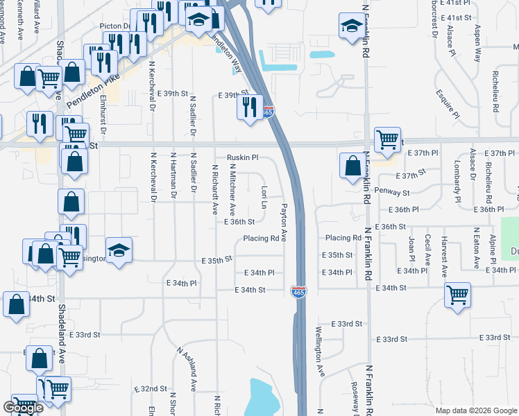 map of restaurants, bars, coffee shops, grocery stores, and more near 7607 East 36th Street in Indianapolis
