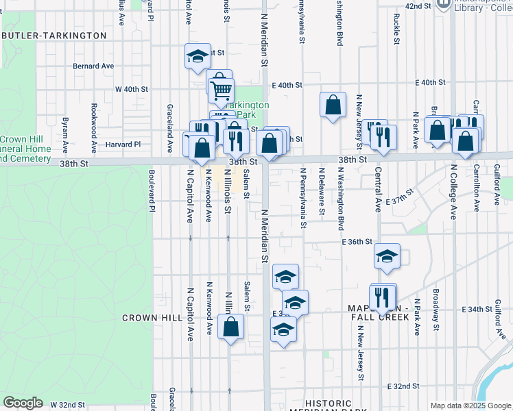 map of restaurants, bars, coffee shops, grocery stores, and more near 3635 North Meridian Street in Indianapolis