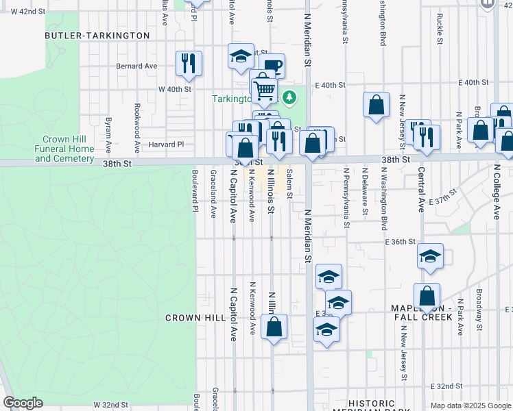 map of restaurants, bars, coffee shops, grocery stores, and more near 3629 North Kenwood Avenue in Indianapolis