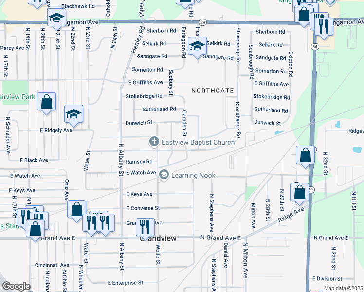 map of restaurants, bars, coffee shops, grocery stores, and more near 2366 Ramsey Road in Springfield