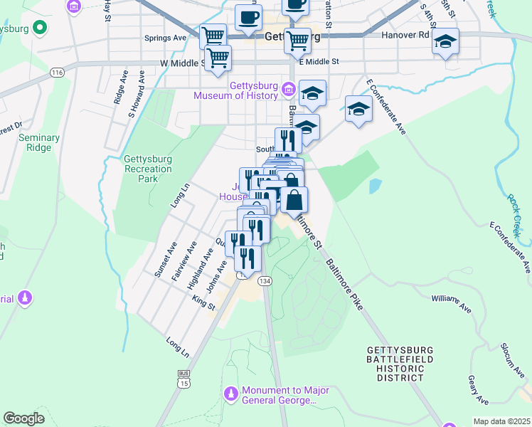 map of restaurants, bars, coffee shops, grocery stores, and more near 89 Steinwehr Avenue in Gettysburg