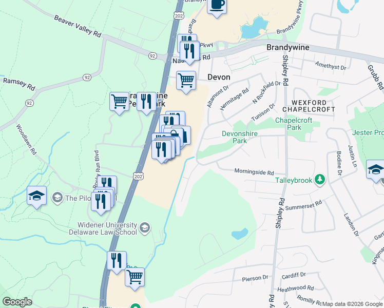 map of restaurants, bars, coffee shops, grocery stores, and more near 2918 Cheshire Road in Wilmington