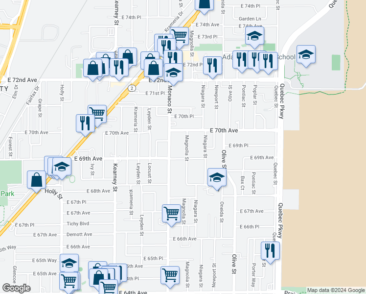 map of restaurants, bars, coffee shops, grocery stores, and more near 6941 Magnolia Street in Commerce City