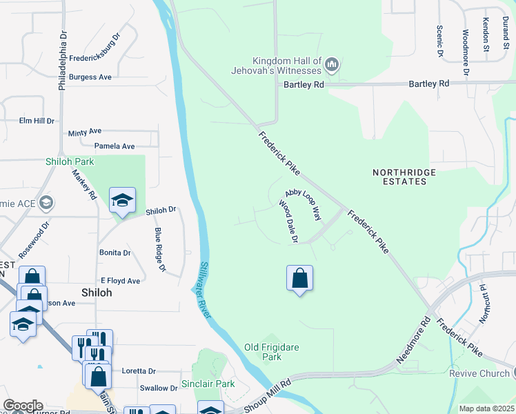 map of restaurants, bars, coffee shops, grocery stores, and more near 5335 Rivers Edge Boulevard in Dayton