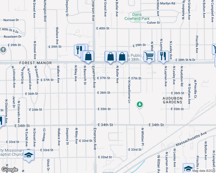 map of restaurants, bars, coffee shops, grocery stores, and more near 3607 North Leland Avenue in Indianapolis