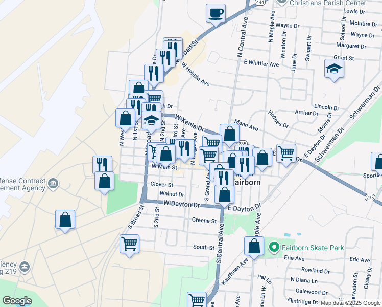 map of restaurants, bars, coffee shops, grocery stores, and more near 205 West Main Street in Fairborn