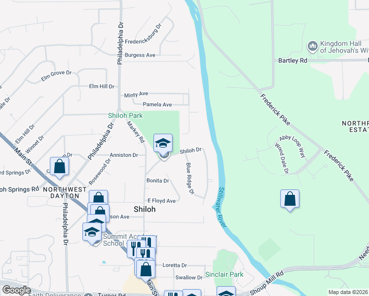 map of restaurants, bars, coffee shops, grocery stores, and more near 508 Shiloh Drive in Dayton