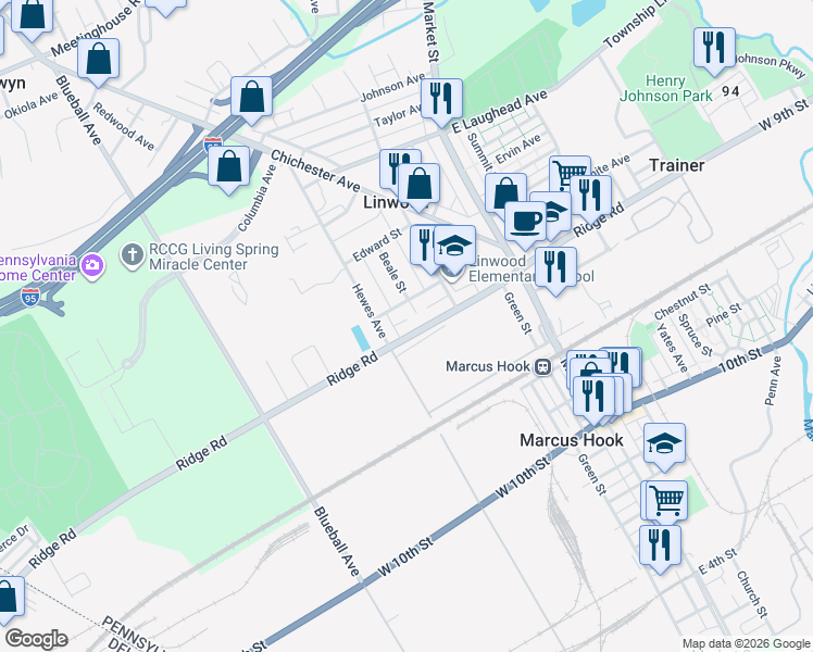 map of restaurants, bars, coffee shops, grocery stores, and more near 125 Worrilow Street in Linwood