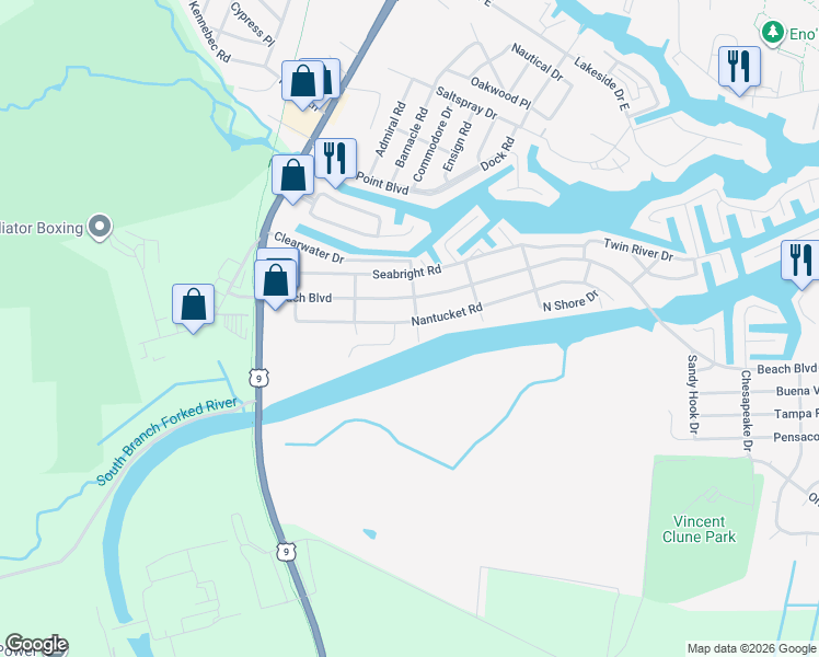 map of restaurants, bars, coffee shops, grocery stores, and more near 305 Beach Boulevard in Lacey Township