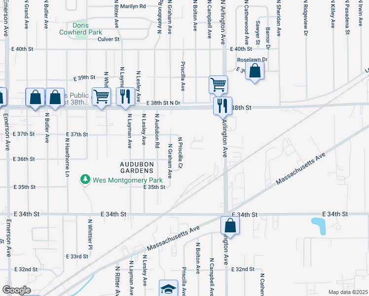 map of restaurants, bars, coffee shops, grocery stores, and more near 3649 North Priscilla Court in Indianapolis