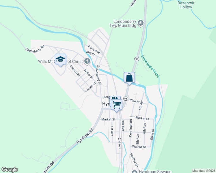 map of restaurants, bars, coffee shops, grocery stores, and more near 261 Clarence Street in Hyndman